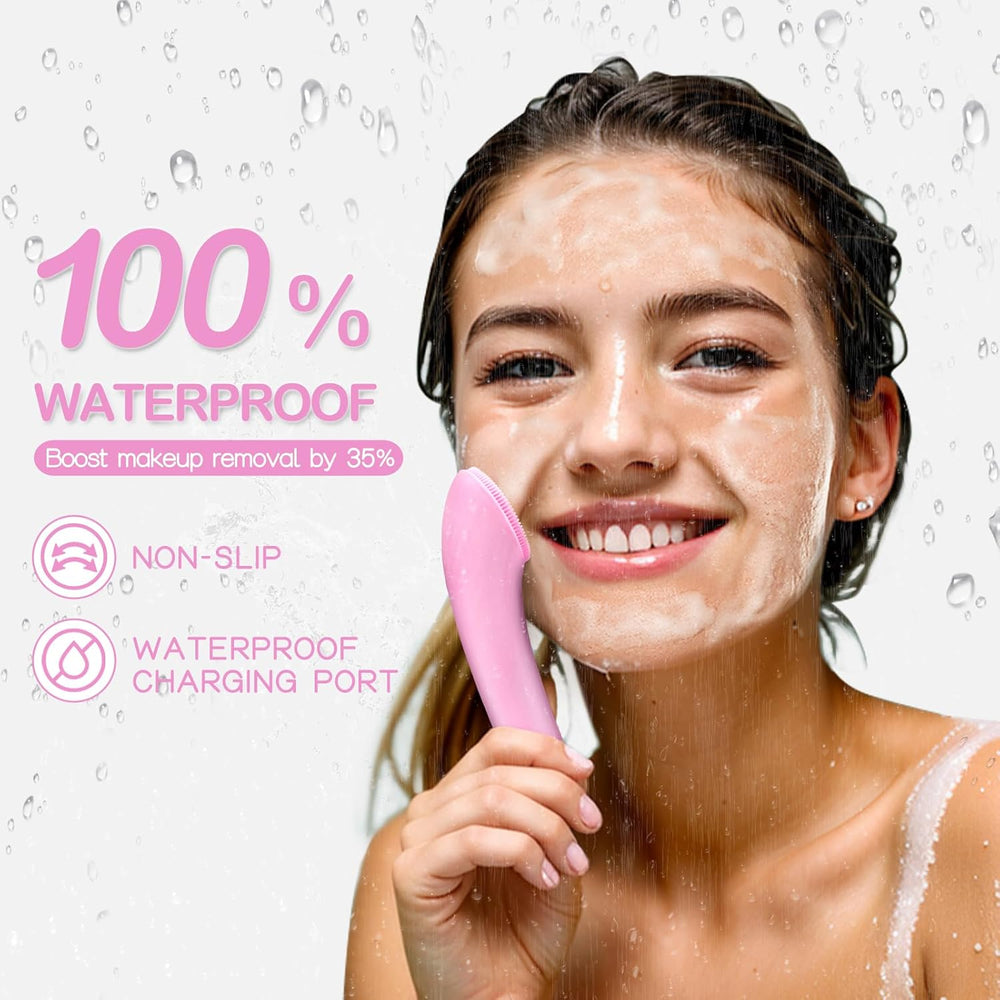 Facial Cleansing Brush, Rechargeable Silicone Face Scrubber with Heat Massage End