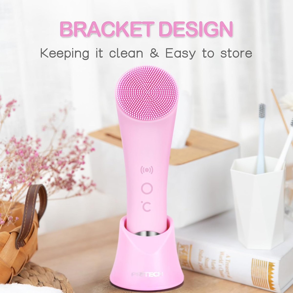 Facial Cleansing Brush, Rechargeable Silicone Face Scrubber with Heat Massage End